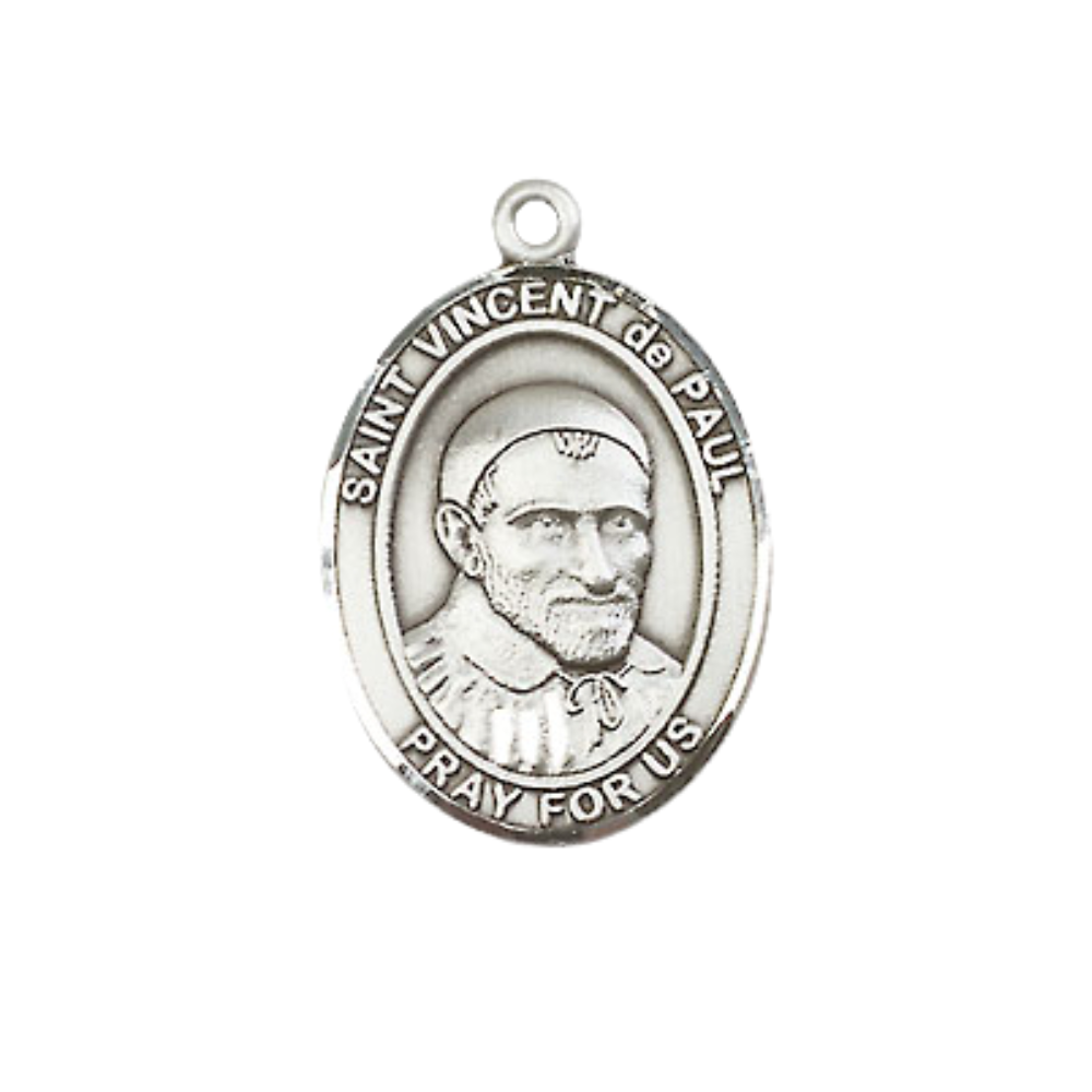 Everlasting Light Jewelry Medium Women's .925 Sterling Silver Saint St. Vincent de Paul Pendant Necklace on 18 Inch Rhodium Plated Lite Curb Brass Chain, Catholic Medal – Velvet Gift Box Included