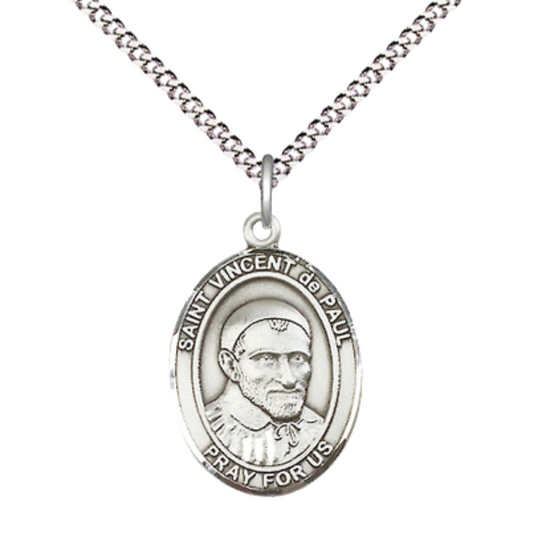 Everlasting Light Jewelry Medium Women's Pewter Saint St. Vincent de Paul Pendant Necklace on 18- inch Rhodium- Plated Lite Curb Brass Chain – Catholic Medal – Velvet Gift Box Included