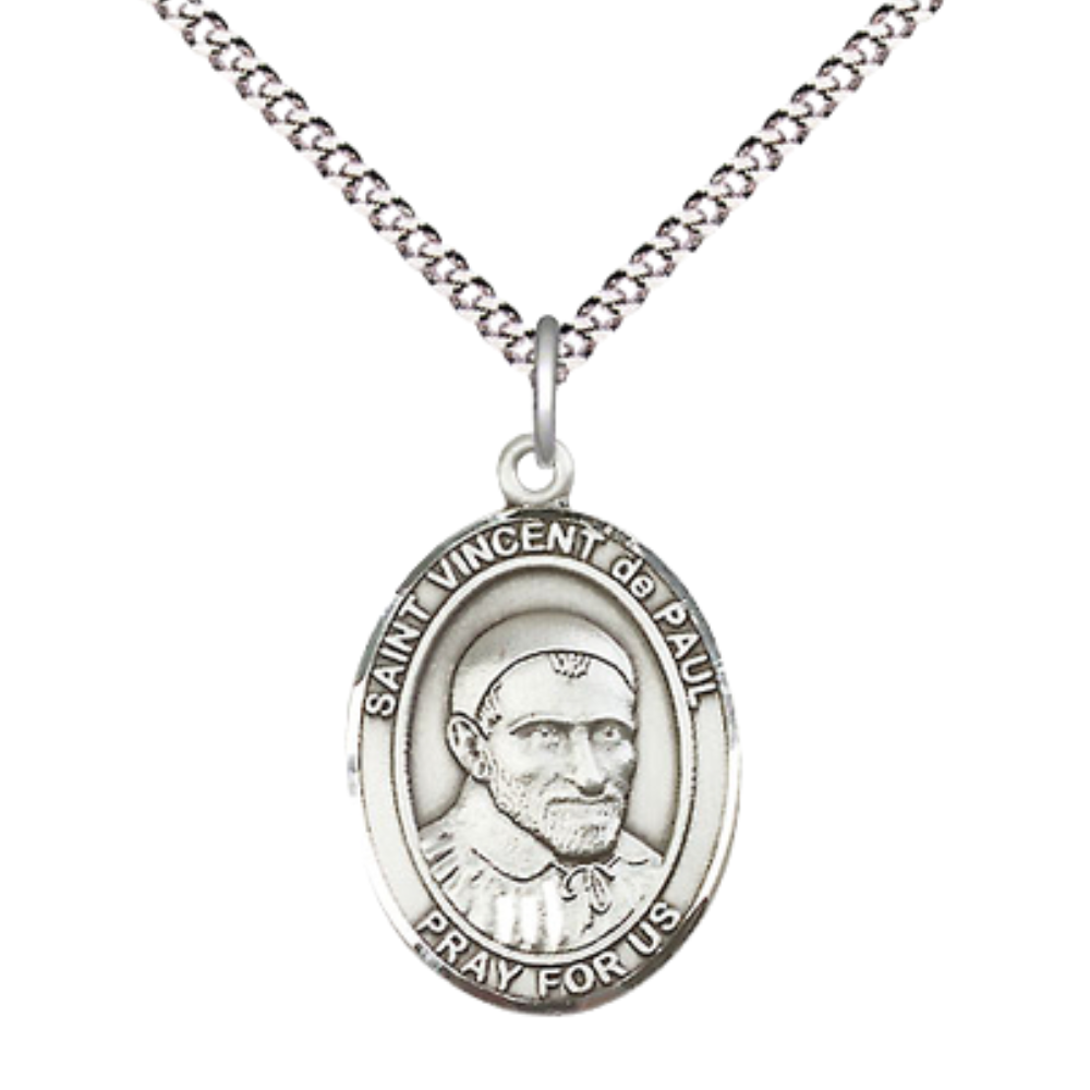 Everlasting Light Jewelry Medium Women's .925 Sterling Silver Saint St. Vincent de Paul Pendant Necklace on 18 Inch Rhodium Plated Lite Curb Brass Chain, Catholic Medal – Velvet Gift Box Included