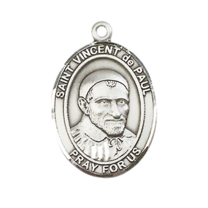 Medium Men's .925 Sterling Silver Patron Saint St. Vincent de Paul Medal Pendant with 24 Inch Rhodium Plated Heavy Curb Chain Catholic Religious Necklace - Made in USA, Deluxe Velvet Gift Box
