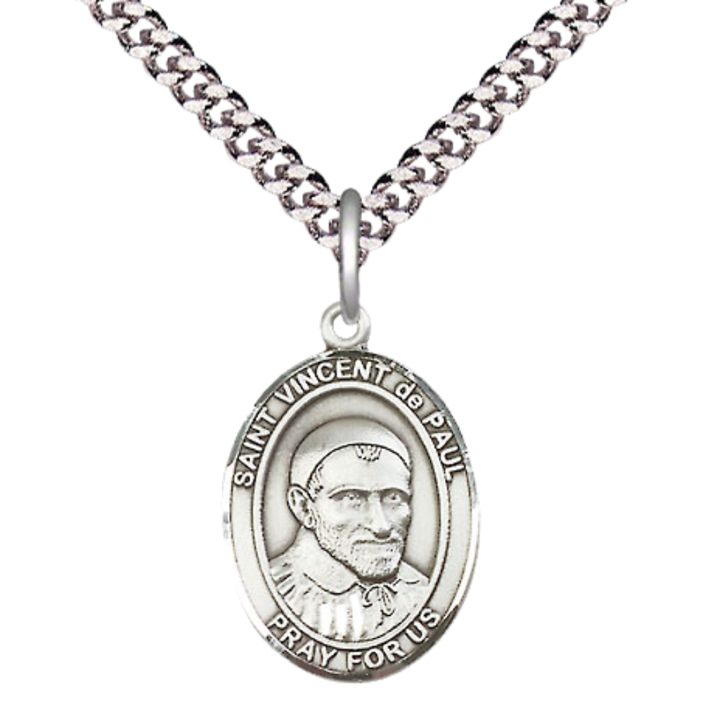 Medium Mens Oval .925 Sterling Silver Saint St. Vincent de Paul Medal Pendant on 24 Inch Rhodium Plated Heavy Curb Brass Chain w/ Lobster Claw Clasp, Catholic Religious Necklace - Made in USA- Velvet Gift Box