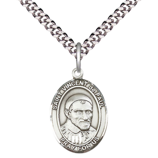 Medium Men's Pewter Saint St. Vincent de Paul Medal Pendant on 24 Inch Endless Rhodium Plated Heavy Curb Brass Chain, Catholic Religious Necklace - Made in USA- Deluxe Velvet Gift Box