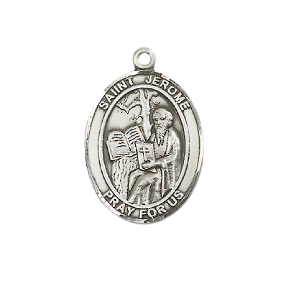 Everlasting Light Jewelry Medium Women's Pewter Saint St. Jerome Pendant Necklace on 18- inch Rhodium- Plated Lite Curb Brass Chain – Catholic Medal – Velvet Gift Box Included