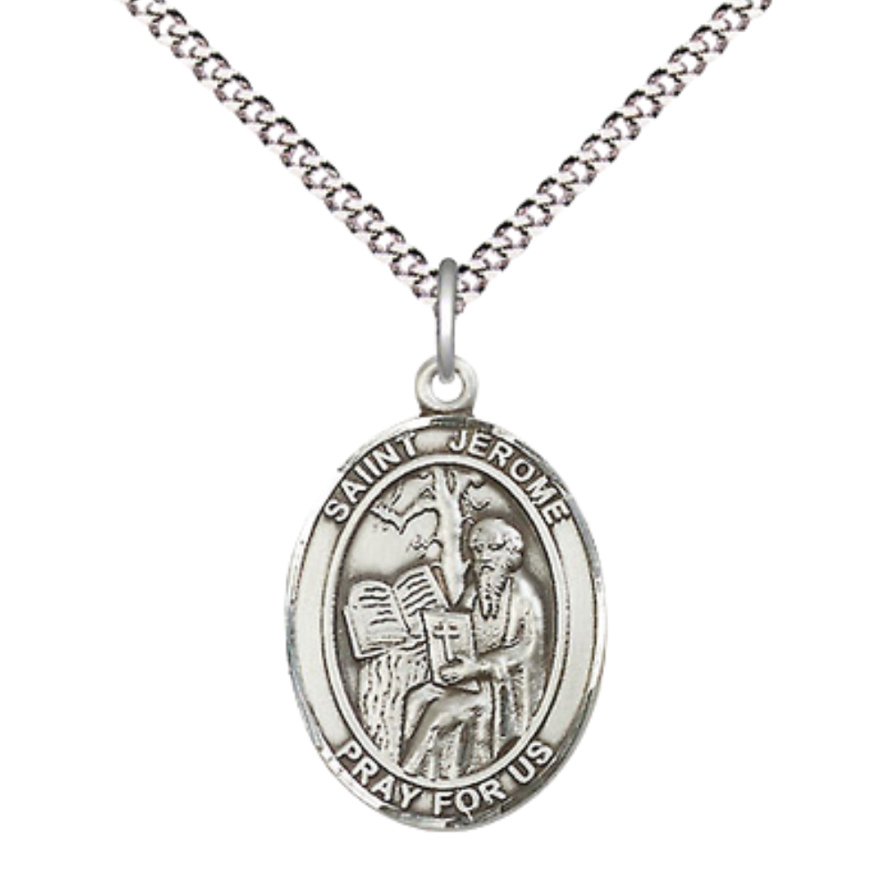 Everlasting Light Jewelry Medium Women's .925 Sterling Silver Saint St. Jerome Pendant Necklace on 18 Inch Rhodium Plated Lite Curb Brass Chain – Velvet Gift Box, Catholic Medal - Patron Saint. of Libraries & Translators