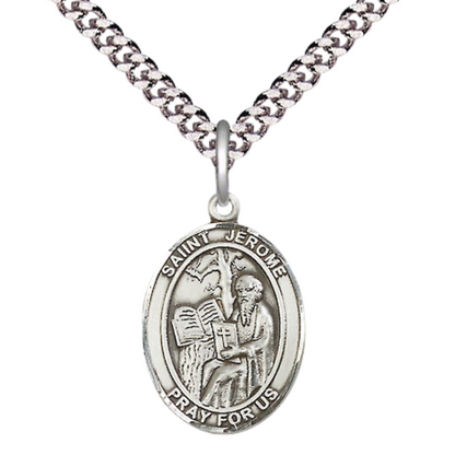 Mens Medium Oval .925 Sterling Silver Saint Jerome Medal Pendant on 24" Rhodium Plated Heavy Curb Brass Chain w/ Lobster Claw Clasp, Catholic Religious Necklace -Made in USA-Velvet Gift Box