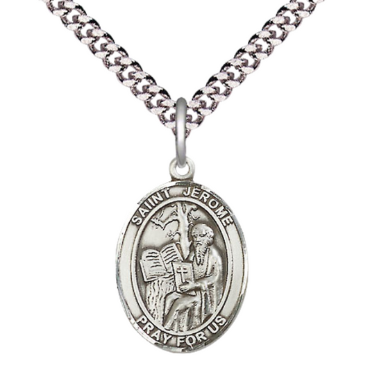 Mens Medium Oval .925 Sterling Silver Saint Jerome Medal Pendant on 24" Rhodium Plated Heavy Curb Brass Chain w/ Lobster Claw Clasp, Catholic Religious Necklace -Made in USA-Velvet Gift Box