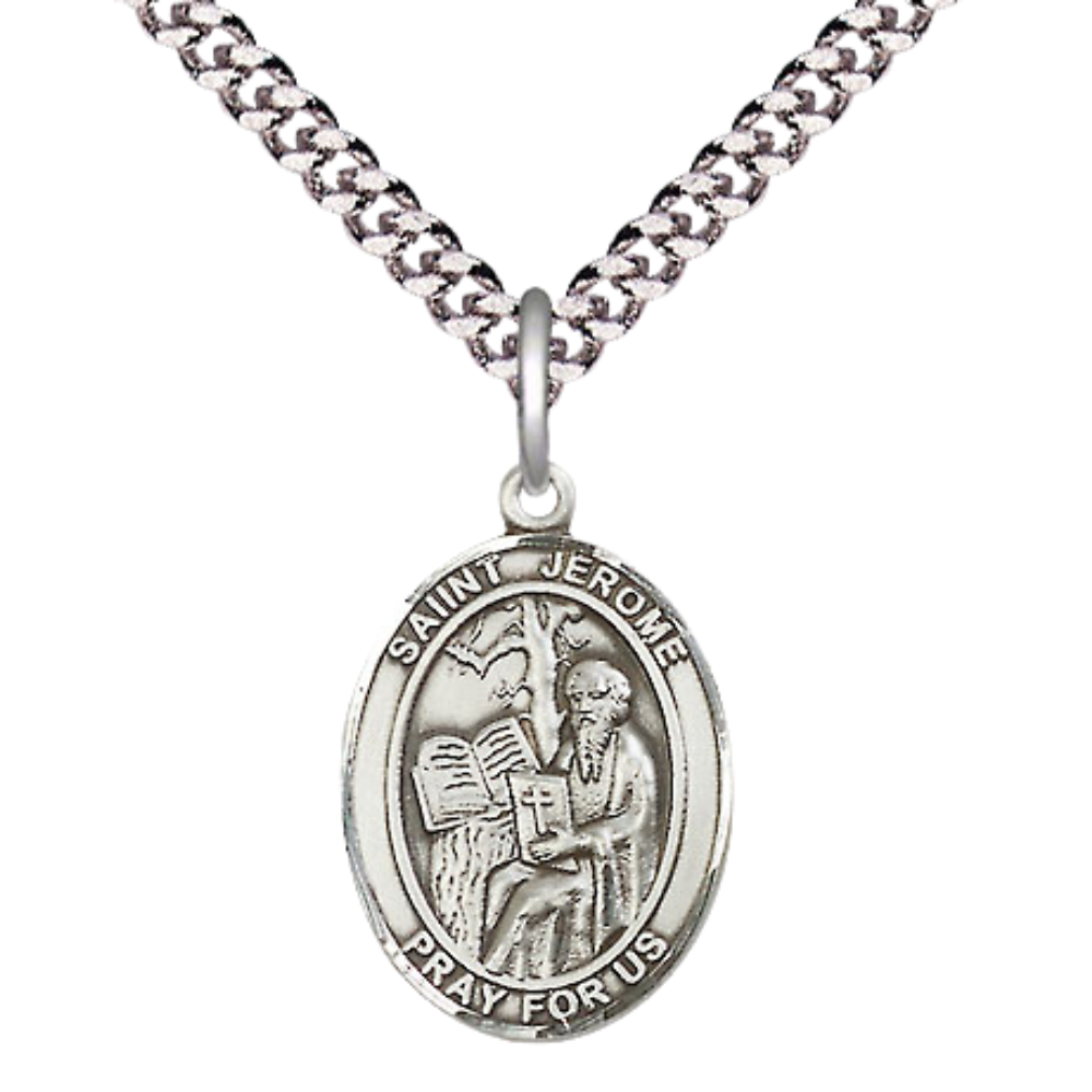 Everlasting Light Jewelry Medium Men's Pewter Saint St. Jerome Medal Pendant on 24 Inch Endless Rhodium Plated Heavy Curb Brass Chain, Catholic Religious Necklace - Made in USA- Deluxe Velvet Gift Box