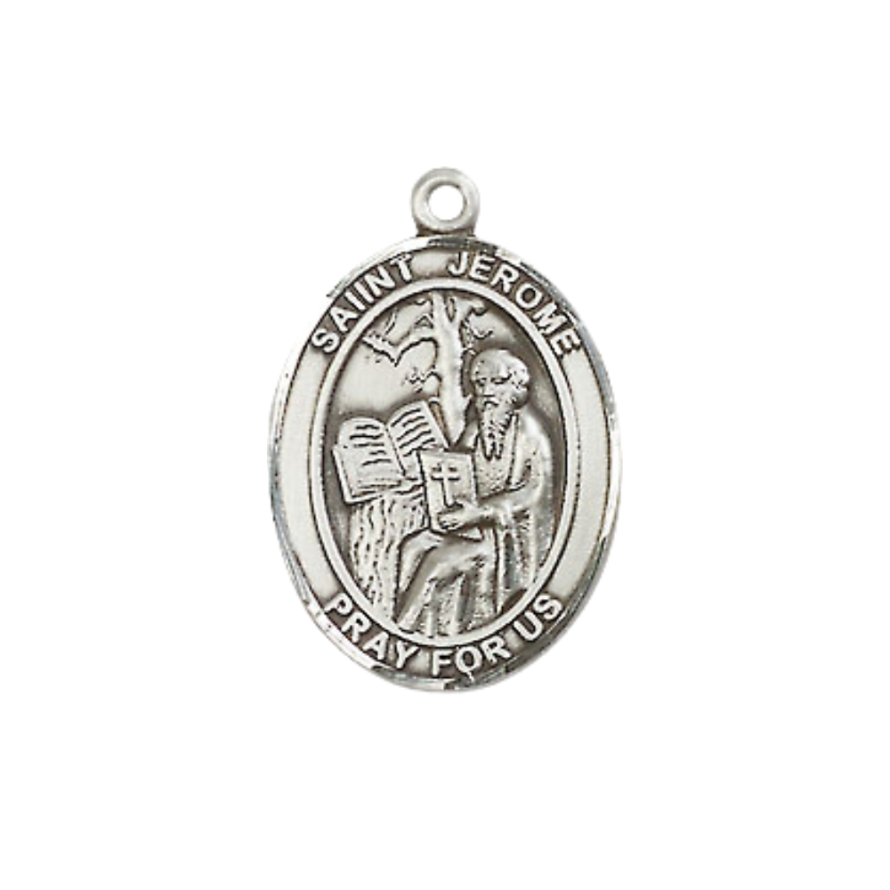 Mens Medium Oval Pewter Saint Jerome Medal Pendant on 24 Inch Rhodium Plated Heavy Curb Brass Chain with Lobster Claw Clasp, Catholic Religious Necklace -Made in USA- Deluxe Velvet Gift Box