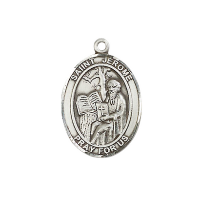 Medium Men's .925 Sterling Silver Saint Jerome Medal Pendant on 24 Inch Endless Rhodium Plated Heavy Curb Brass Chain, Catholic Religious Necklace -Made in USA- Deluxe Velvet Gift Box