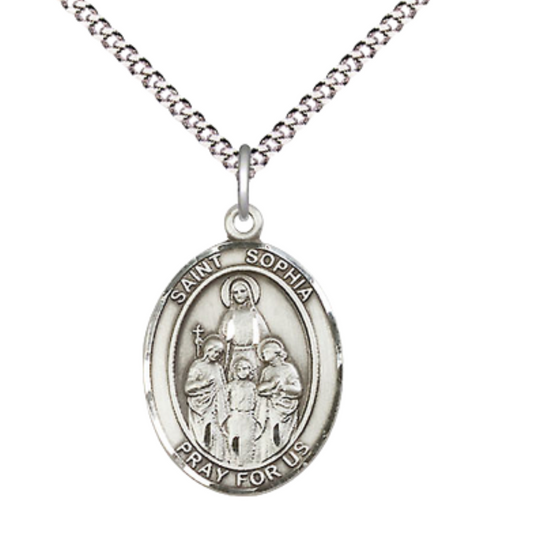 Everlasting Light Jewelry Medium Women's .925 Sterling Silver Saint St. Sophia Pendant Necklace on 18 Inch Rhodium Plated Lite Curb Brass Chain – Velvet Gift Box, Catholic Medal - Patron Saint. of Wisdom