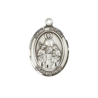 Mens Medium Oval Pewter Saint St. Sophia Medal Pendant on 24 Inch Rhodium Plated Heavy Curb Brass Chain with Lobster Claw Clasp, Catholic Religious Necklace - Made in USA- Deluxe Velvet Gift Box