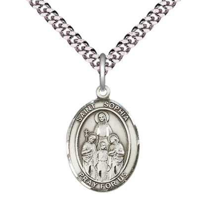 Medium Men's .925 Sterling Silver Saint St. Sophia Medal Pendant on 24 Inch Endless Rhodium Plated Heavy Curb Brass Chain, Catholic Religious Necklace - Made in USA- Deluxe Velvet Gift Box