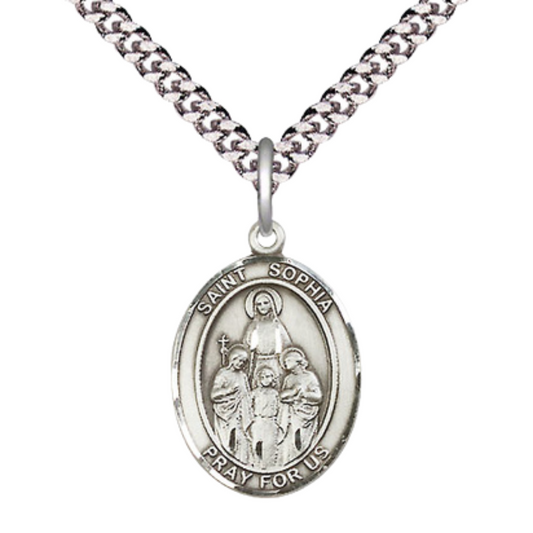 Medium Men's .925 Sterling Silver Saint St. Sophia Medal Pendant on 24 Inch Endless Rhodium Plated Heavy Curb Brass Chain, Catholic Religious Necklace - Made in USA- Deluxe Velvet Gift Box