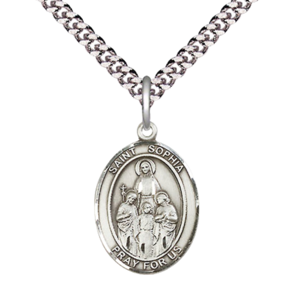Mens Medium Oval Pewter Saint St. Sophia Medal Pendant on 24 Inch Rhodium Plated Heavy Curb Brass Chain with Lobster Claw Clasp, Catholic Religious Necklace - Made in USA- Deluxe Velvet Gift Box