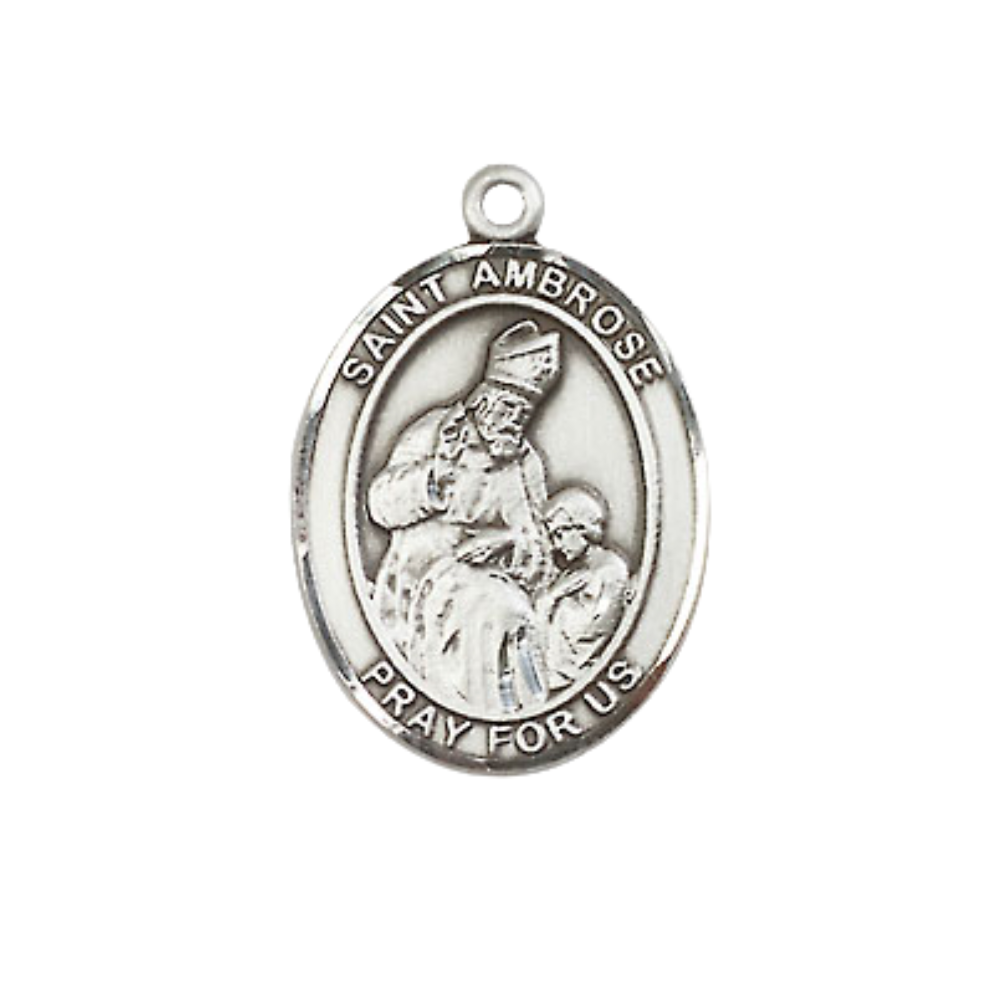 Everlasting Light Jewelry Medium Women's .925 Sterling Silver Saint St. Ambrose Pendant Necklace on 18 Inch Rhodium Plated Lite Curb Brass Chain – Velvet Gift Box, Catholic Medal - Patron Saint. of Beekeepers & Candlemakers