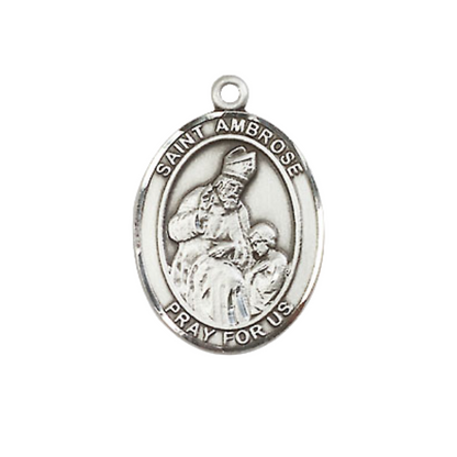 Medium Women's Pewter Saint Ambrose Pendant Necklace on 18-inch Rhodium-Plated Lite Curb Brass Chain – Catholic Medal – Patron Saint of Beekeepers & Candlemakers – Velvet Gift Box Included