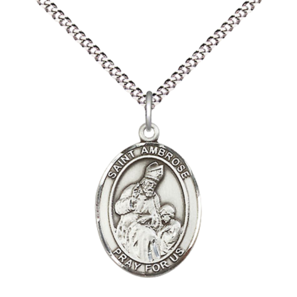 Everlasting Light Jewelry Medium Men's Pewter Saint Ambrose Medal Pendant on 24 Inch Endless Rhodium Plated Heavy Curb Brass Chain, Catholic Religious Necklace -Made in USA- Deluxe Velvet Gift Box
