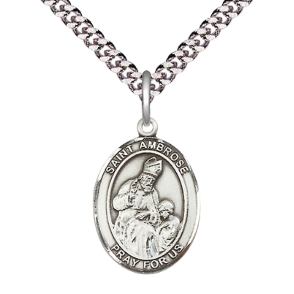 Everlasting Light Jewelry Medium Men's Pewter Saint Ambrose Medal Pendant on 24 Inch Endless Rhodium Plated Heavy Curb Brass Chain, Catholic Religious Necklace -Made in USA- Deluxe Velvet Gift Box