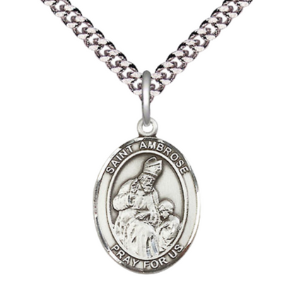 Mens Medium Oval Pewter Saint St. Ambrose Medal Pendant on 24 Inch Rhodium Plated Heavy Curb Brass Chain with Lobster Claw Clasp, Catholic Religious Necklace - Made in USA- Deluxe Velvet Gift Box