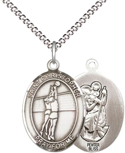 Medium Women's Pewter Saint St. Christopher Volleyball Pendant Necklace on 18- inch Rhodium- Plated Lite Curb Brass Chain – Catholic Medal – Patron Saint St. of Travelers & Athletes – Velvet Gift Box Included