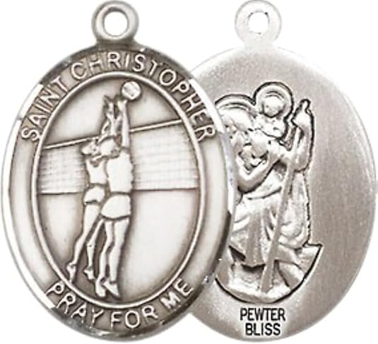 Medium Men's Pewter Saint St. Christopher Volleyball Medal Pendant on 24 Inch Endless Rhodium Plated Heavy Curb Brass Chain, Catholic Religious Necklace - Made in USA- Deluxe Velvet Gift Box