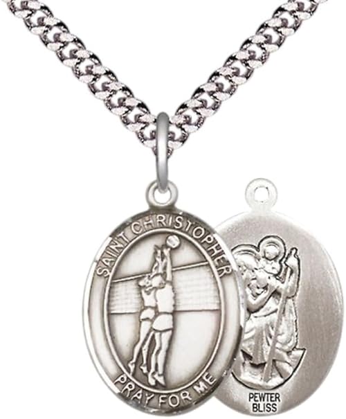 Medium Men's Pewter Saint St. Christopher Volleyball Medal Pendant on 24 Inch Endless Rhodium Plated Heavy Curb Brass Chain, Catholic Religious Necklace - Made in USA- Deluxe Velvet Gift Box