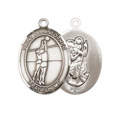 Everlasting Light Jewelry Medium Women's .925 Sterling Silver Saint St. Christopher Volleyball Pendant Necklace on 18 Inch Rhodium Plated Lite Curb Brass Chain – Velvet Gift Box, Catholic Medal - Patron Saint. of Travelers & Motorists