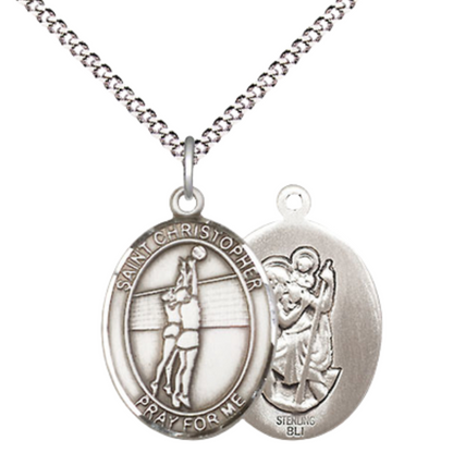 Everlasting Light Jewelry Medium Women's .925 Sterling Silver Saint St. Christopher Volleyball Pendant Necklace on 18 Inch Rhodium Plated Lite Curb Brass Chain – Velvet Gift Box, Catholic Medal - Patron Saint. of Travelers & Motorists