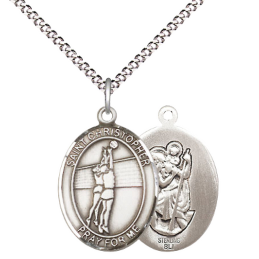 Everlasting Light Jewelry Medium Women's .925 Sterling Silver Saint St. Christopher Volleyball Pendant Necklace on 18 Inch Rhodium Plated Lite Curb Brass Chain – Velvet Gift Box, Catholic Medal - Patron Saint. of Travelers & Motorists