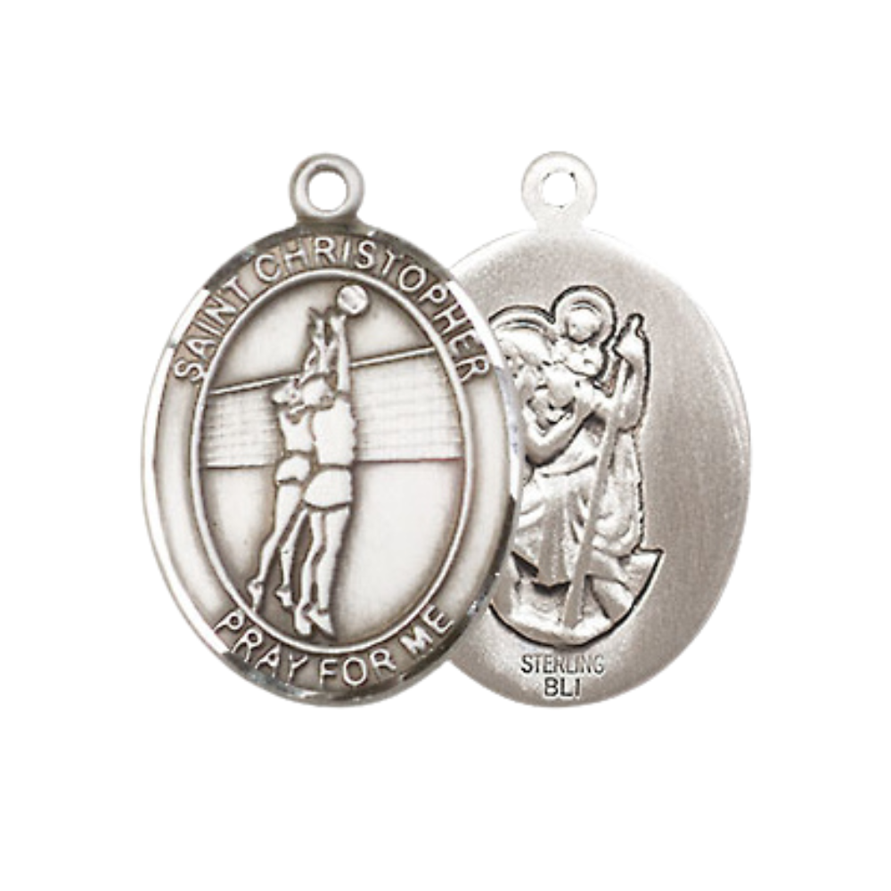 Medium Mens Oval Sterling Silver Saint Christopher Volleyball Medal Pendant on 24" Rhodium Plated Heavy Curb Brass Chain w/ Lobster Claw Clasp,Catholic Religious Necklace -Made in USA-Gift Boxed
