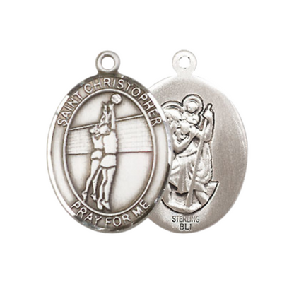 Medium Mens Oval Sterling Silver Saint Christopher Volleyball Medal Pendant on 24" Rhodium Plated Heavy Curb Brass Chain w/ Lobster Claw Clasp,Catholic Religious Necklace -Made in USA-Gift Boxed