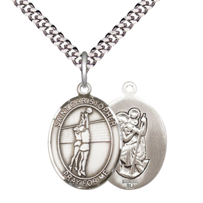 Medium Mens Oval Sterling Silver Saint Christopher Volleyball Medal Pendant on 24" Rhodium Plated Heavy Curb Brass Chain w/ Lobster Claw Clasp,Catholic Religious Necklace -Made in USA-Gift Boxed