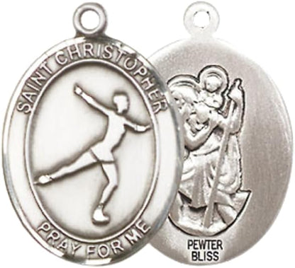 Medium Women's Pewter Saint St. Christopher Figure Skating Pendant Necklace on 18- inch Rhodium- Plated Lite Curb Brass Chain – Catholic Medal – Patron Saint St. of Athletes & Travelers – Velvet Gift Box Included