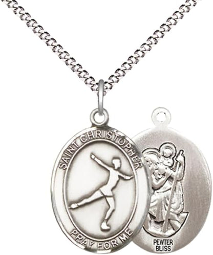 Medium Women's Pewter Saint St. Christopher Figure Skating Pendant Necklace on 18- inch Rhodium- Plated Lite Curb Brass Chain – Catholic Medal – Patron Saint St. of Athletes & Travelers – Velvet Gift Box Included