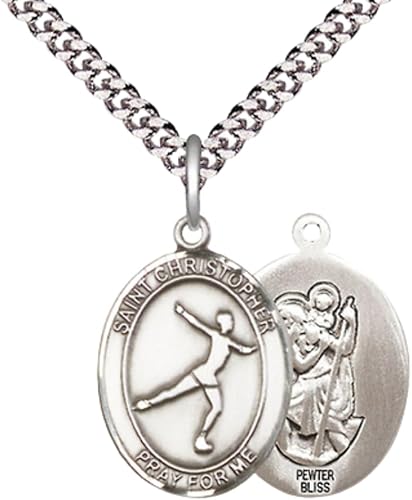 Medium Mens Oval Pewter Saint Christopher Figure Skating Medal Pendant on 24" Rhodium Plated Heavy Curb Brass Chain w/ Lobster Claw Clasp, Catholic Religious Necklace -Made in USA-Velvet Gift Box