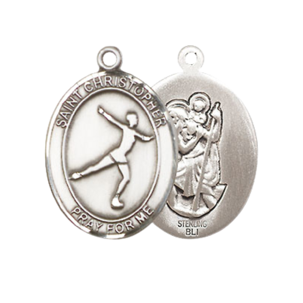Medium Women's .925 Sterling Silver Saint St. Christopher Figure Skating Pendant Necklace on 18 Inch Rhodium Plated Lite Curb Brass Chain – Velvet Gift Box, Catholic Medal - Patron Saint. of Travelers & Motorists