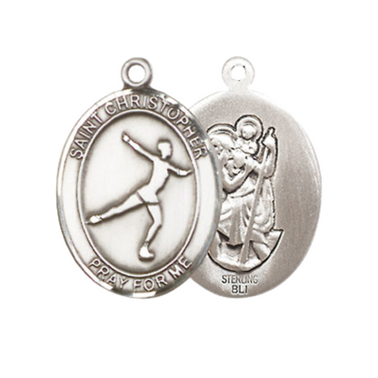 Medium Women's .925 Sterling Silver Saint St. Christopher Figure Skating Pendant Necklace on 18 Inch Rhodium Plated Lite Curb Brass Chain – Velvet Gift Box, Catholic Medal - Patron Saint. of Travelers & Motorists