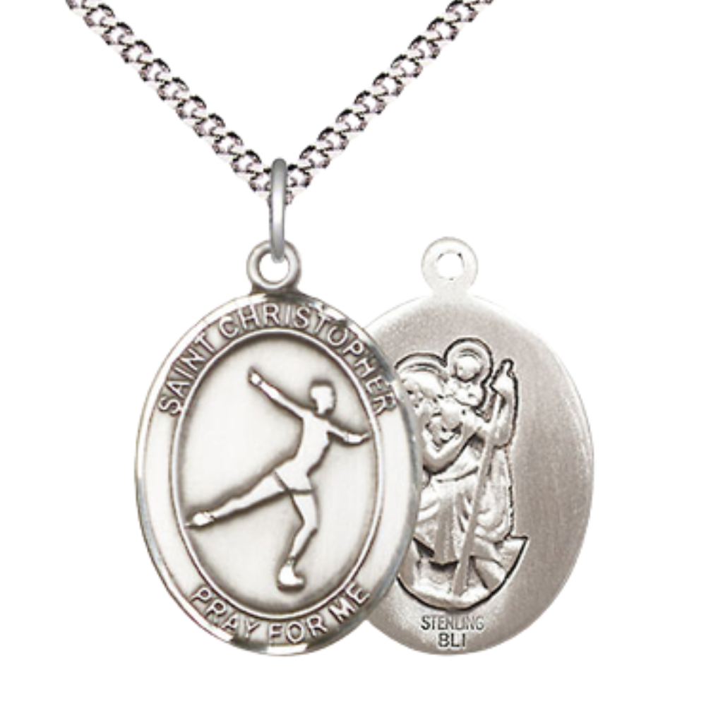 Medium Women's .925 Sterling Silver Saint St. Christopher Figure Skating Pendant Necklace on 18 Inch Rhodium Plated Lite Curb Brass Chain – Velvet Gift Box, Catholic Medal - Patron Saint. of Travelers & Motorists