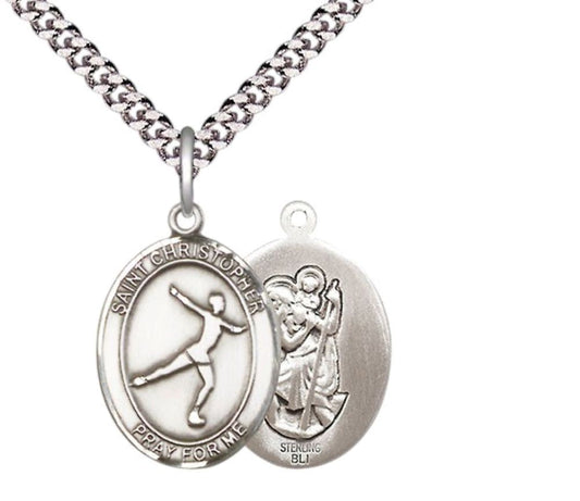 Medium Men's .925 Sterling Silver Saint Christopher Figure Skating Medal Pendant on 24 Inch Endless Rhodium Plated Heavy Curb Brass Chain, Catholic Religious Necklace -Made in USA- Deluxe Velvet Gift Box