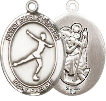 Medium Mens Sterling Silver Saint Christopher Figure Skating Medal Pendant on 24" Rhodium Plated Heavy Curb Brass Chain w/ Lobster Claw Clasp,Catholic Religious Necklace -Made in USA-Gift Boxed