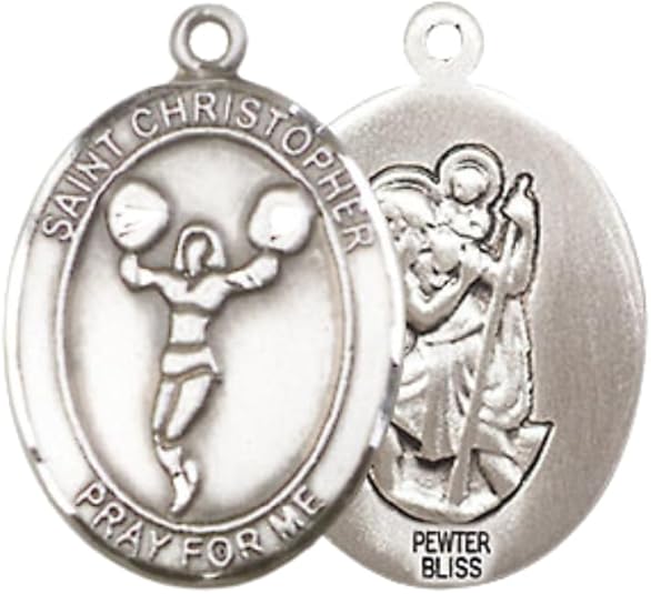 Medium Women's Pewter Saint St. Christopher Cheerleading Pendant Necklace on 18- inch Rhodium- Plated Lite Curb Brass Chain – Catholic Medal – Patron Saint St. of Athletes & Travelers – Velvet Gift Box Included