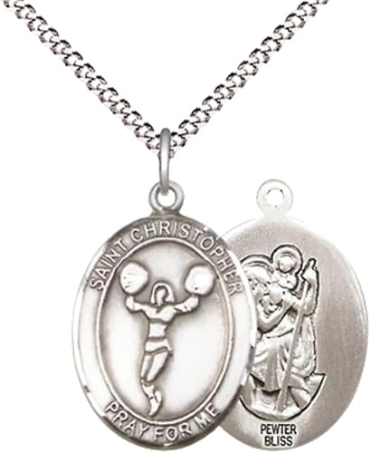 Medium Women's Pewter Saint St. Christopher Cheerleading Pendant Necklace on 18- inch Rhodium- Plated Lite Curb Brass Chain – Catholic Medal – Patron Saint St. of Athletes & Travelers – Velvet Gift Box Included