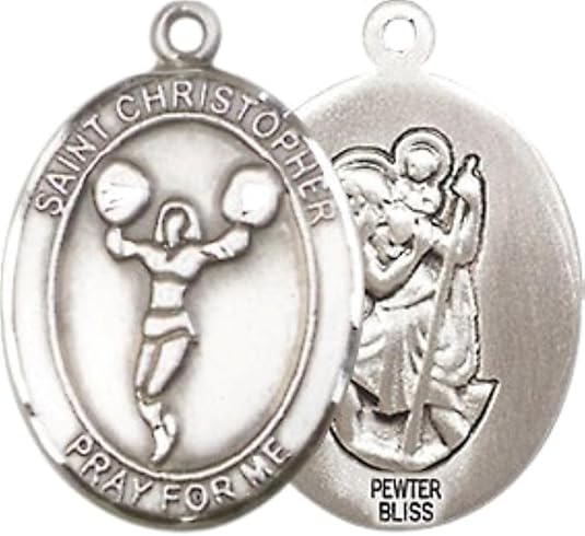 Medium Men's Pewter Saint St. Christopher Cheerleading Medal Pendant on 24 Inch Endless Rhodium Plated Heavy Curb Brass Chain, Catholic Religious Necklace - Made in USA- Deluxe Velvet Gift Box