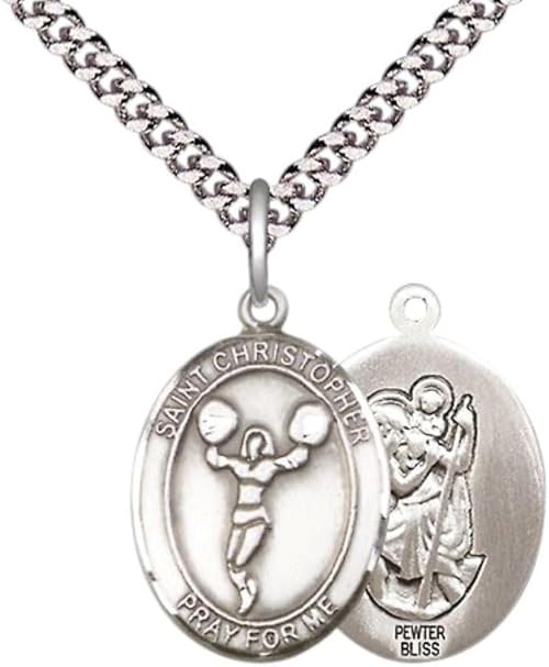 Medium Men's Pewter Saint St. Christopher Cheerleading Medal Pendant on 24 Inch Endless Rhodium Plated Heavy Curb Brass Chain, Catholic Religious Necklace - Made in USA- Deluxe Velvet Gift Box