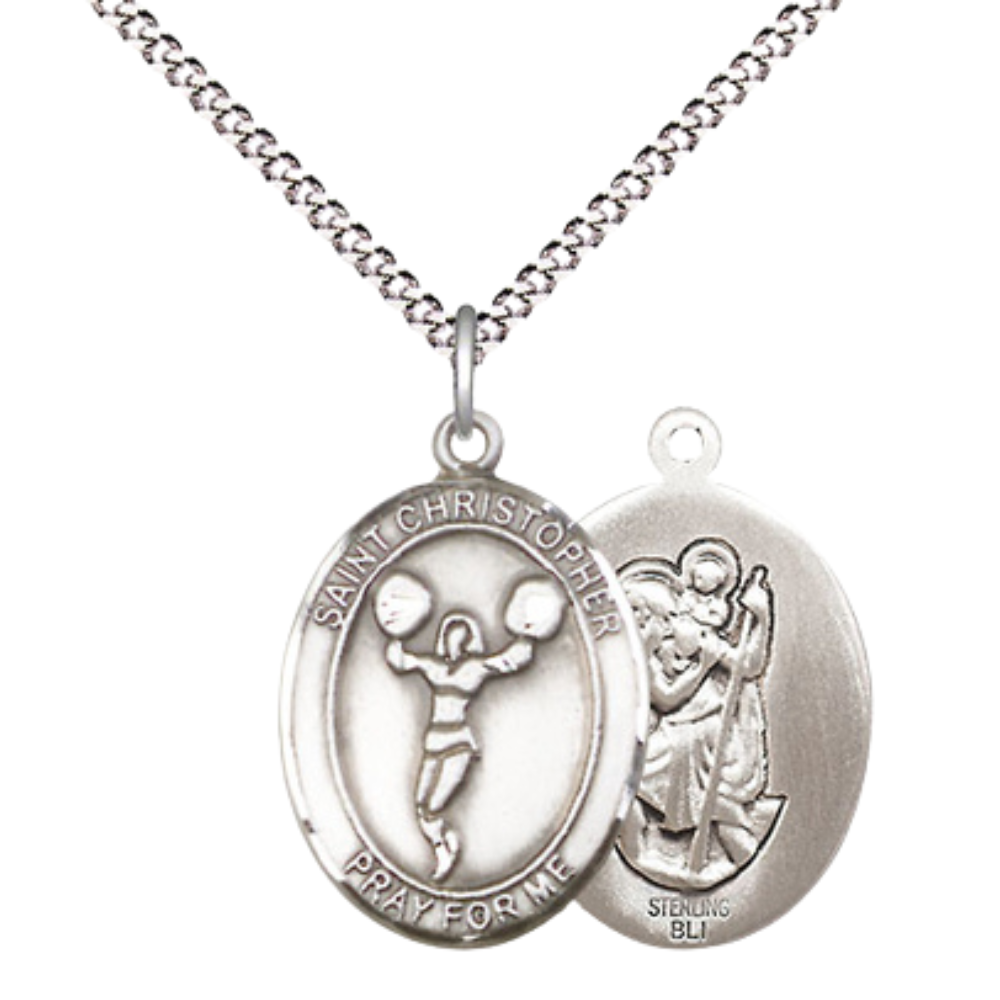 Medium Women's .925 Sterling Silver Saint St. Christopher Cheerleading Pendant Necklace on 18 Inch Rhodium Plated Lite Curb Brass Chain – Velvet Gift Box, Catholic Medal - Patron Saint. of Travelers & Motorists