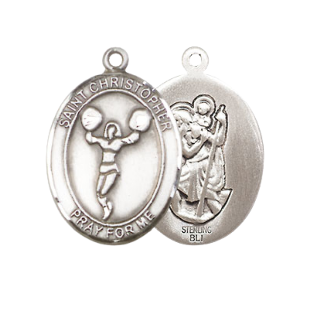 Medium Women's .925 Sterling Silver Saint St. Christopher Cheerleading Pendant Necklace on 18 Inch Rhodium Plated Lite Curb Brass Chain – Velvet Gift Box, Catholic Medal - Patron Saint. of Travelers & Motorists