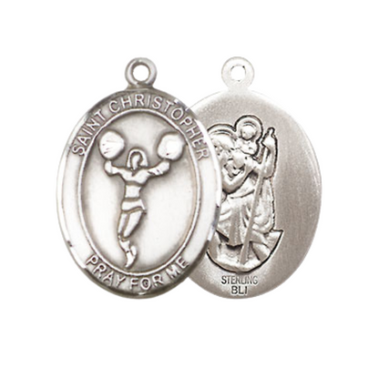 Medium Women's .925 Sterling Silver Saint St. Christopher Cheerleading Pendant Necklace on 18 Inch Rhodium Plated Lite Curb Brass Chain – Velvet Gift Box, Catholic Medal - Patron Saint. of Travelers & Motorists