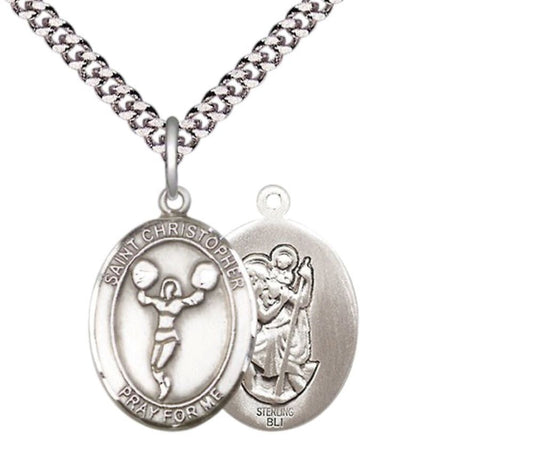 Medium Men's .925 Sterling Silver Saint St. Christopher Cheerleading Medal Pendant on 24 Inch Endless Rhodium Plated Heavy Curb Brass Chain, Catholic Religious Necklace - Made in USA- Deluxe Velvet Gift Box
