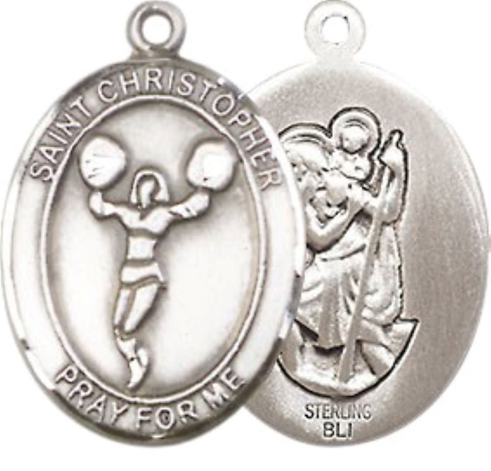 Medium Men's .925 Sterling Silver Saint St. Christopher Cheerleading Medal Pendant on 24 Inch Endless Rhodium Plated Heavy Curb Brass Chain, Catholic Religious Necklace - Made in USA- Deluxe Velvet Gift Box