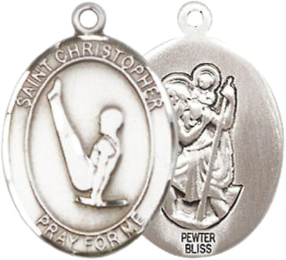 Women's Pewter Saint St. Christopher Gymnastics Pendant Necklace on 18- inch Rhodium- Plated Lite Curb Brass Chain – Catholic Medal – Patron Saint St. of Athletes & Travelers – Velvet Gift Box Included